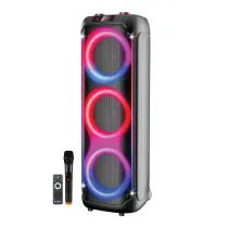 اسپیکر بلوتوثی بیت باکس مدل BX30801 دارای 3 ساب‌ووفر 8 اینچ USB،AUX رقص نور همراه آمپلی فایر میکروفون قابلیت اتصال دو دستگاه همزمان
