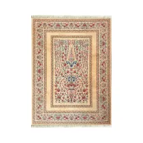 فرش ابریشم نما ماشینی 700 شانه باغ گل رنگ کرم
