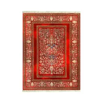 فرش ابریشم نما 700 شانه ماشینی 77 رج رخ بافت مدل باغ گل رنگ زمینه قرمز