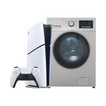 پک ویژه طلایی کنسول PlayStation 5 Slim - 2116B دیجیتال و ماشین لباسشویی نقره‌ای 8 کیلویی اسنوا سری آرین