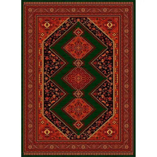 فرش ماشینی مدرن نارسیس طرح ترکمن کد 042 رنگ زمینه سبز فاقد خواب