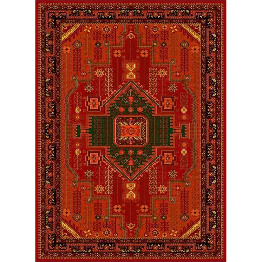 فرش ماشینی مدرن نارسیس طرح ترکمن کد 046 رنگ زمینه لاکی فاقد خواب