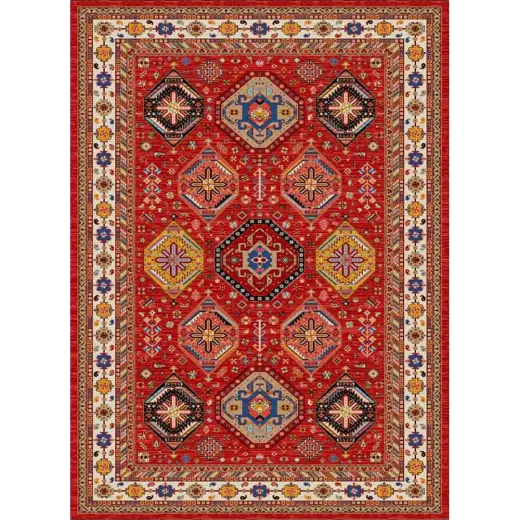 فرش ماشینی مدرن نارسیس طرح ترکمن کد 050 رنگ زمینه لاکی فاقد خواب