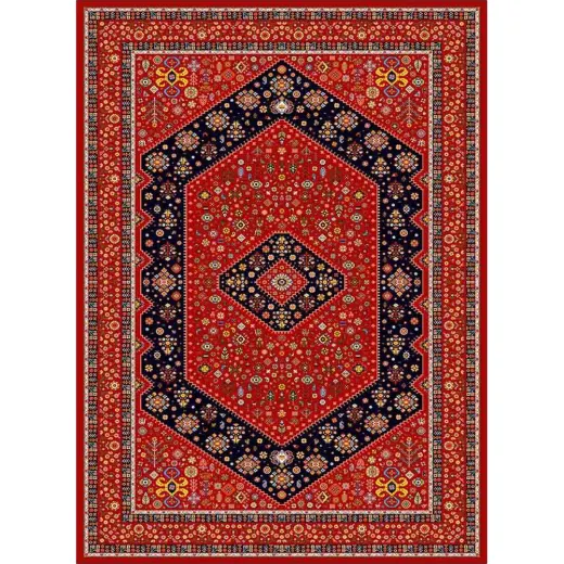 فرش ماشینی مدرن نارسیس طرح ترکمن کد 052 رنگ زمینه لاکی فاقد خواب