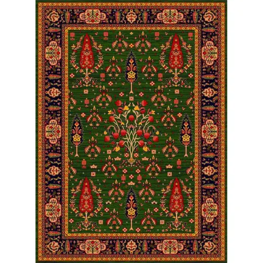 فرش ماشینی مدرن نارسیس طرح ترکمن کد 053 رنگ زمینه سبز فاقد خواب