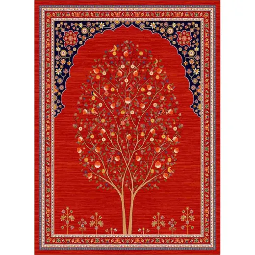 فرش ماشینی مدرن نارسیس طرح ترکمن کد 057 رنگ زمینه لاکی فاقد خواب
