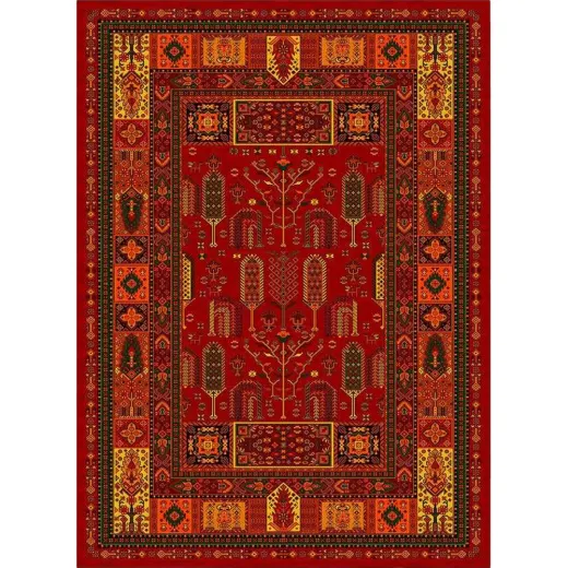 فرش ماشینی مدرن نارسیس طرح ترکمن کد 002 رنگ زمینه لاکی فاقد خواب