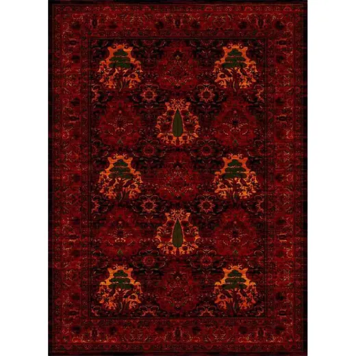 فرش ماشینی مدرن نارسیس طرح ترکمن کد 027 رنگ زمینه لاکی فاقد خواب