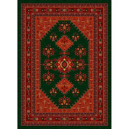 فرش ماشینی مدرن نارسیس طرح ترکمن کد 032 رنگ زمینه سبز فاقد خواب