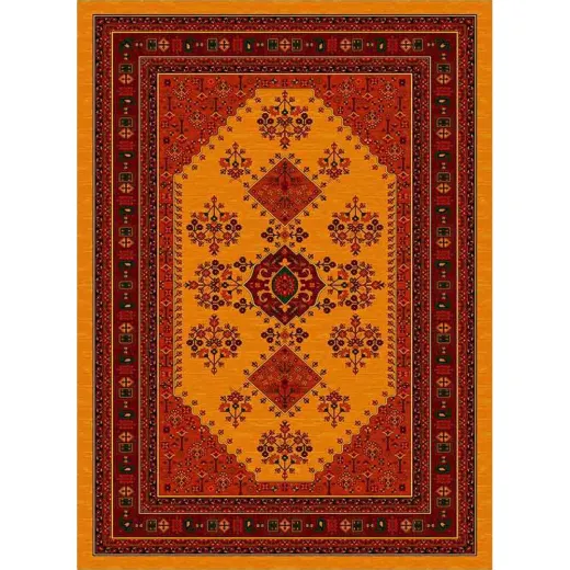 فرش ماشینی مدرن نارسیس طرح ترکمن کد 034 رنگ زمینه خردلی فاقد خواب