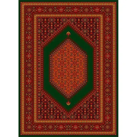 فرش ماشینی مدرن نارسیس طرح ترکمن کد 037 رنگ زمینه لاکی و سبز فاقد خواب