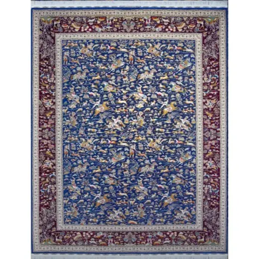 فرش 1500 شانه ابریشم نما آراد تراکم 4500 مدل شکارگاه زمینه کاربنی - تصویر 1