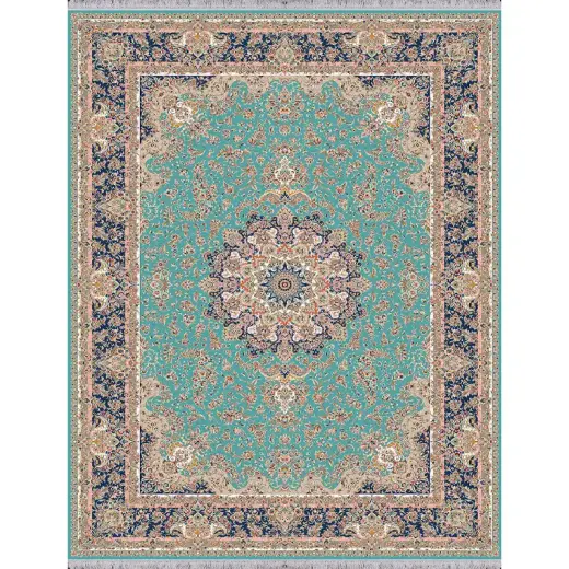 فرش 1500 شانه ابریشم نما آراد تراکم 4500 مدل خطیبی زمینه آبی روشن