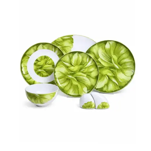 سرویس 6 نفره چینی پرسل گل برجسته bone china گل سبز 27 پارچه کد 90118-GRE