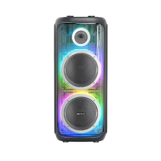 اسپیکر قابل حمل شارژی آیوا مدل AW-X1111DSP دارای 2 ساب ووفر 10 اینچ، رقص نور، کارائوکه و میکروفون